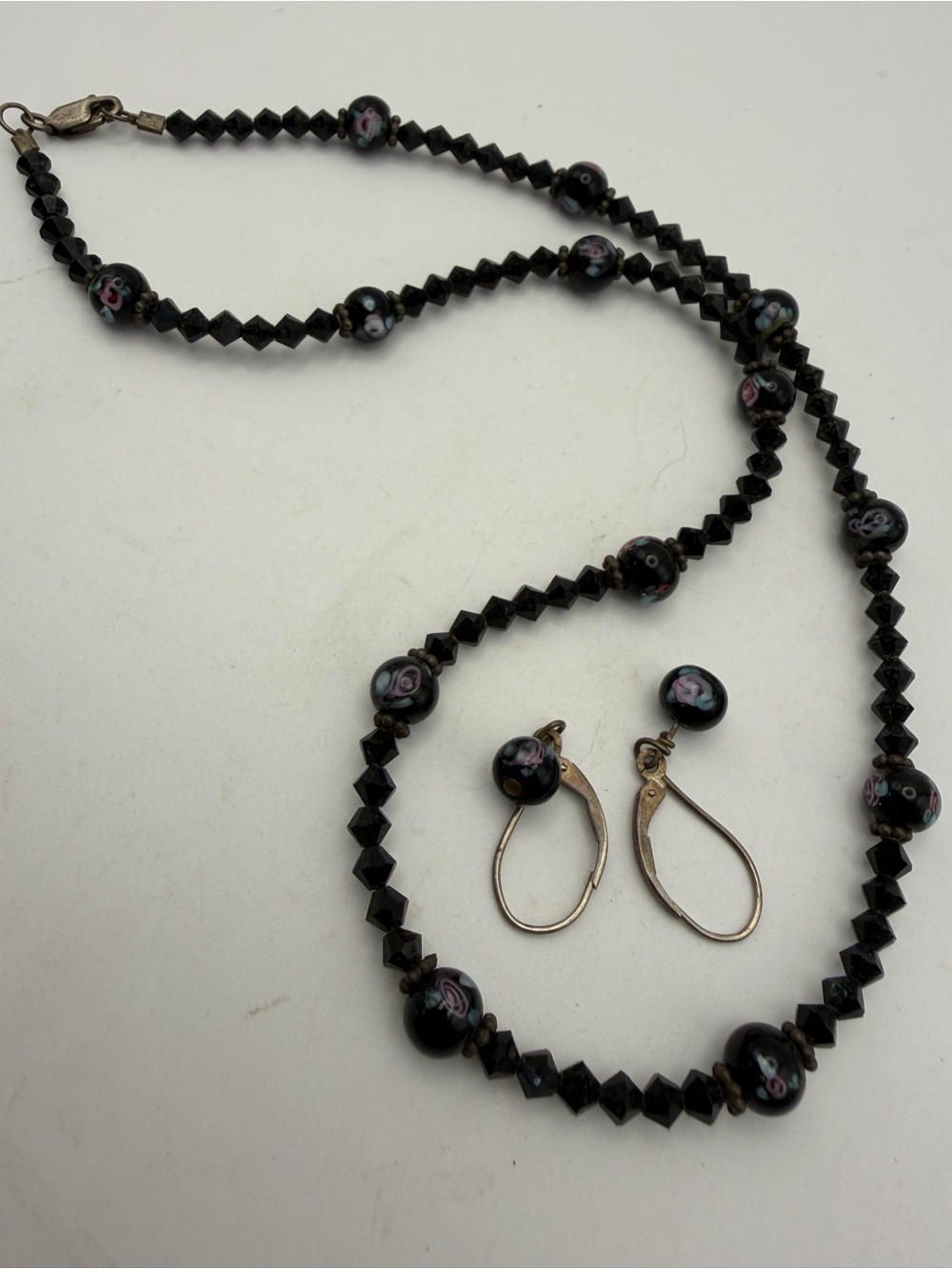 Black Glass and Lampwork Floral Bead Necklace w/Sterling Leverback Earring Set